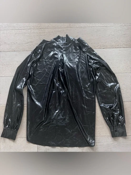 $375 L’Agence- Metallic Silver Longsleeve Gisele Necktie Blouse - Picture 4 of 7